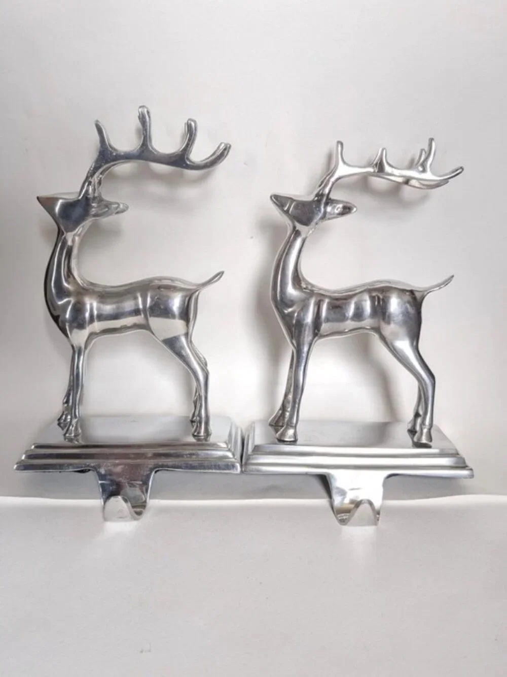 Silver Reindeer Christmas Stocking Holders Weighted Set of 2 Mantel Deer